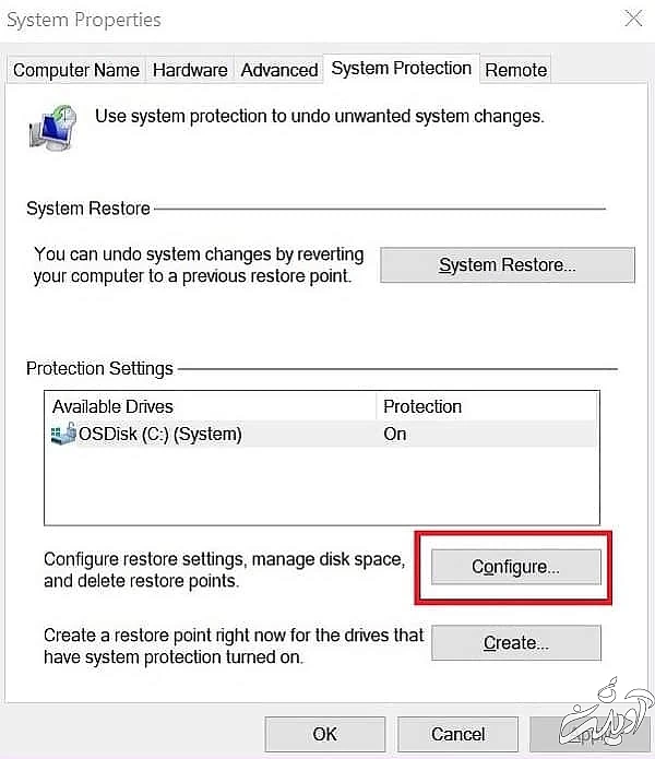 گزینه Configure زا انتخاب کنید فایل بکاپ ویندوز